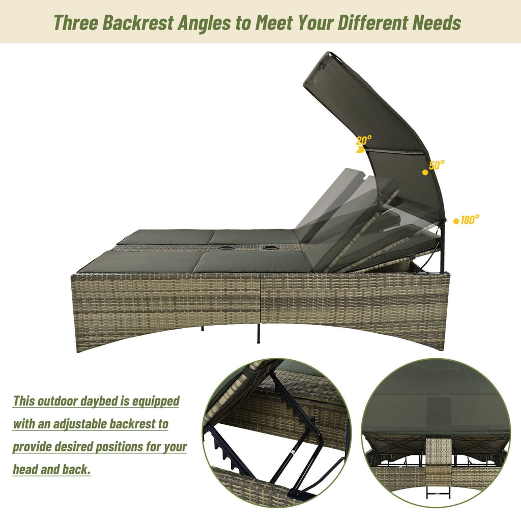 Outdoor Rattan Patio Daybed With Adjustable Backrest, Canopy Roof, Storage Box And Cup Holders (SAK54220)