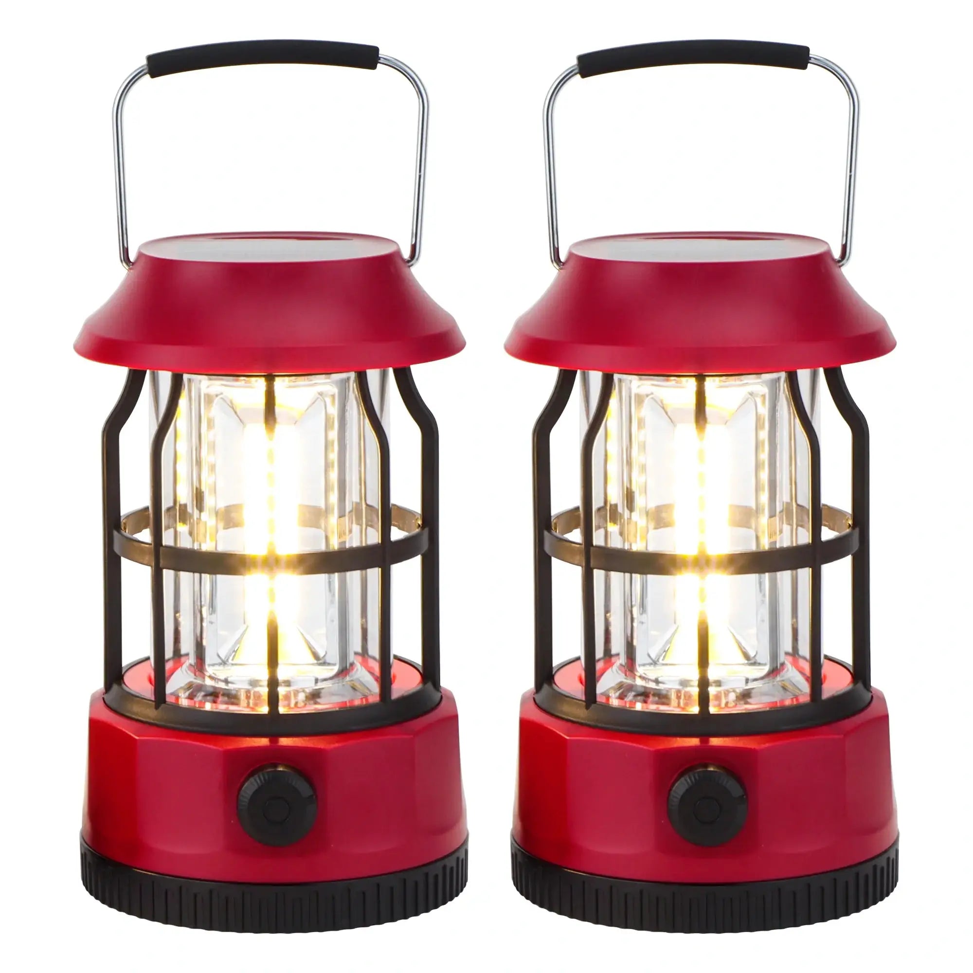 Set of 2 red JHY DESIGN LED solar camping lanterns with dimmable brightness