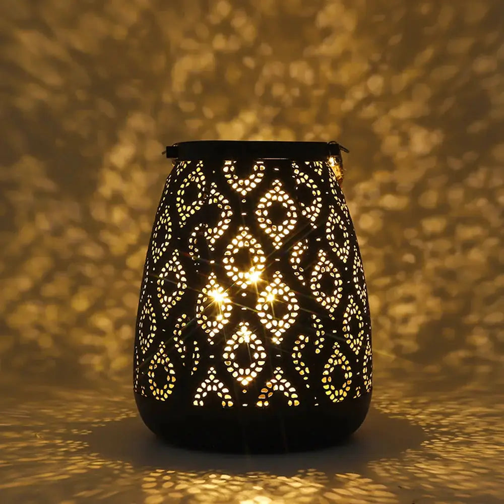 8''H Moroccan metal lamp, black with gold brush, battery-operated decorative lantern.