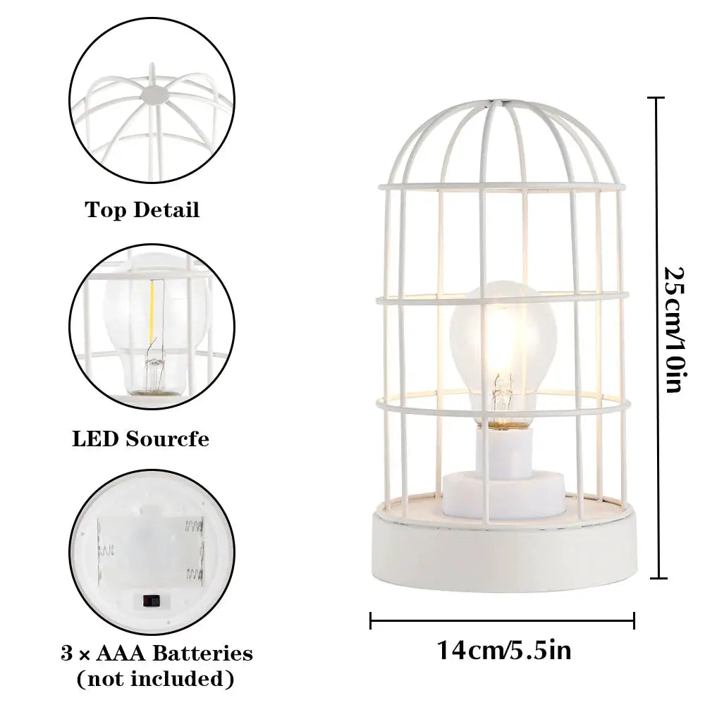 9.5in white decorative metal cage table lamp by JHY DESIGN, battery-operated LED bulb.