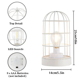 9.5in white decorative metal cage table lamp by JHY DESIGN, battery-operated LED bulb.