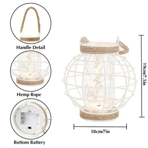 7.3in H Metal Cage LED Lantern, white, battery-powered with rope handle, JHY DESIGN
