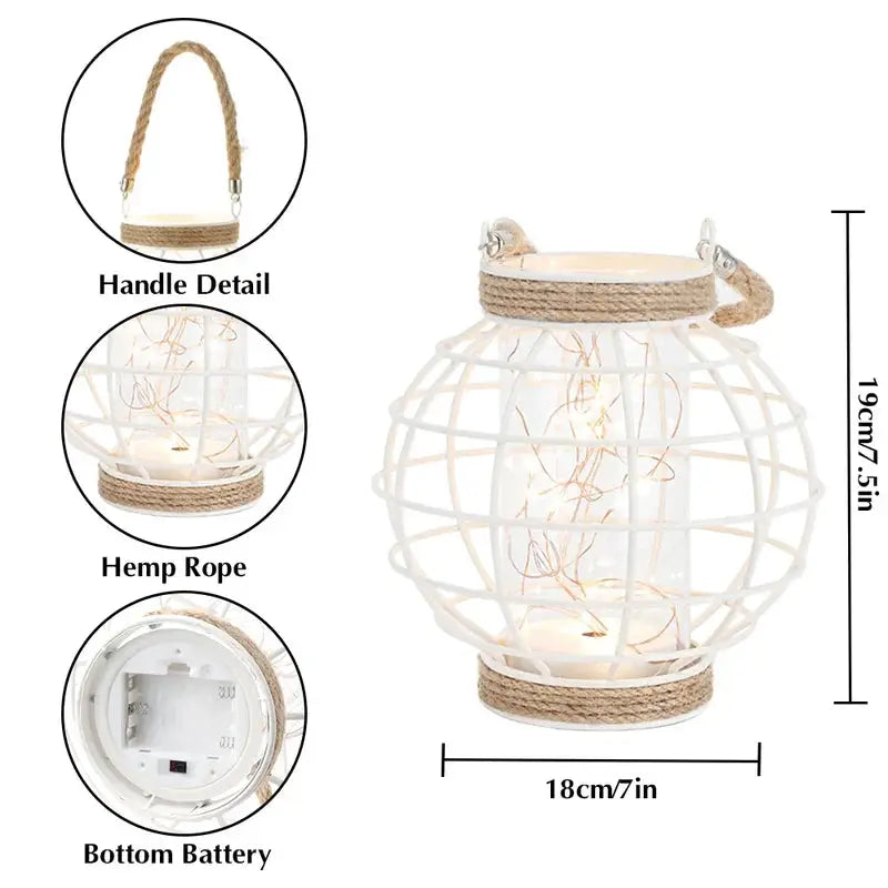 7.3in H Metal Cage LED Lantern, white, battery-powered with rope handle, JHY DESIGN