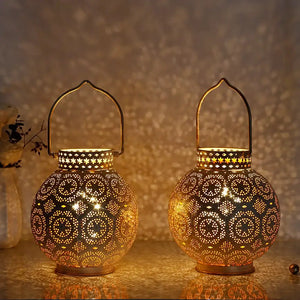 Set of 2 7'' Moroccan lanterns, white metal, battery operated by JHY DESIGN