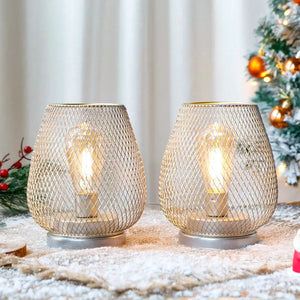 Set of 2 silver metal cage LED lanterns by JHY DESIGN, battery-operated.