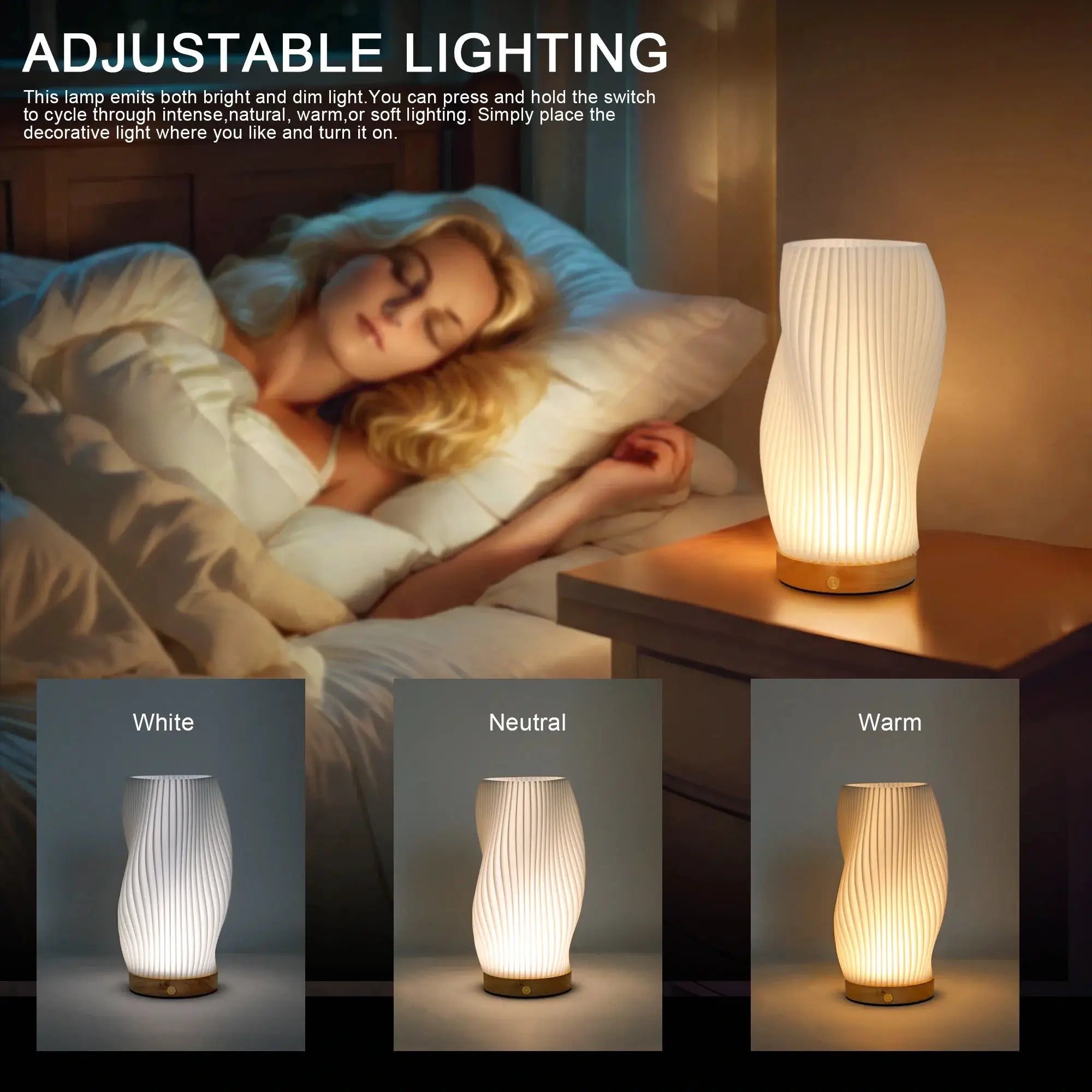 9in touch table lamp with spiral 3D-printed shade on wood base, battery operated, warm bedside glow
