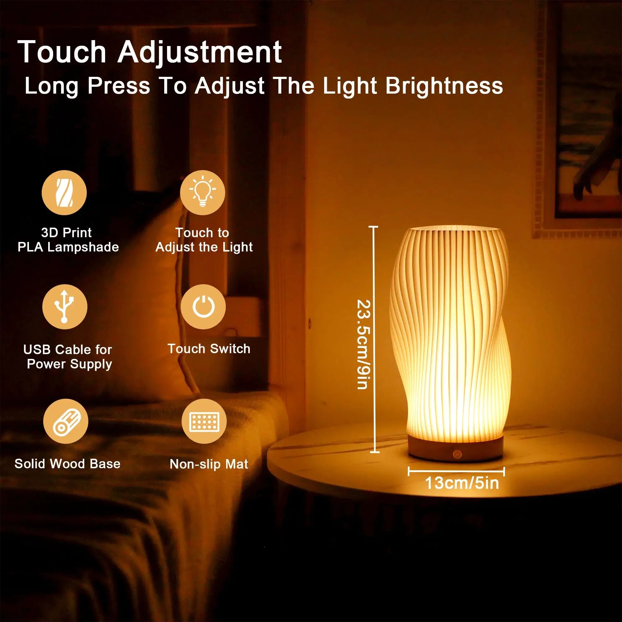JHY DESIGN 9-inch touch desk lamp with a 3D-printed spiral lampshade; battery powered