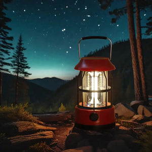 Red LED solar camping lantern with a handle glowing at night in a forest campsite.