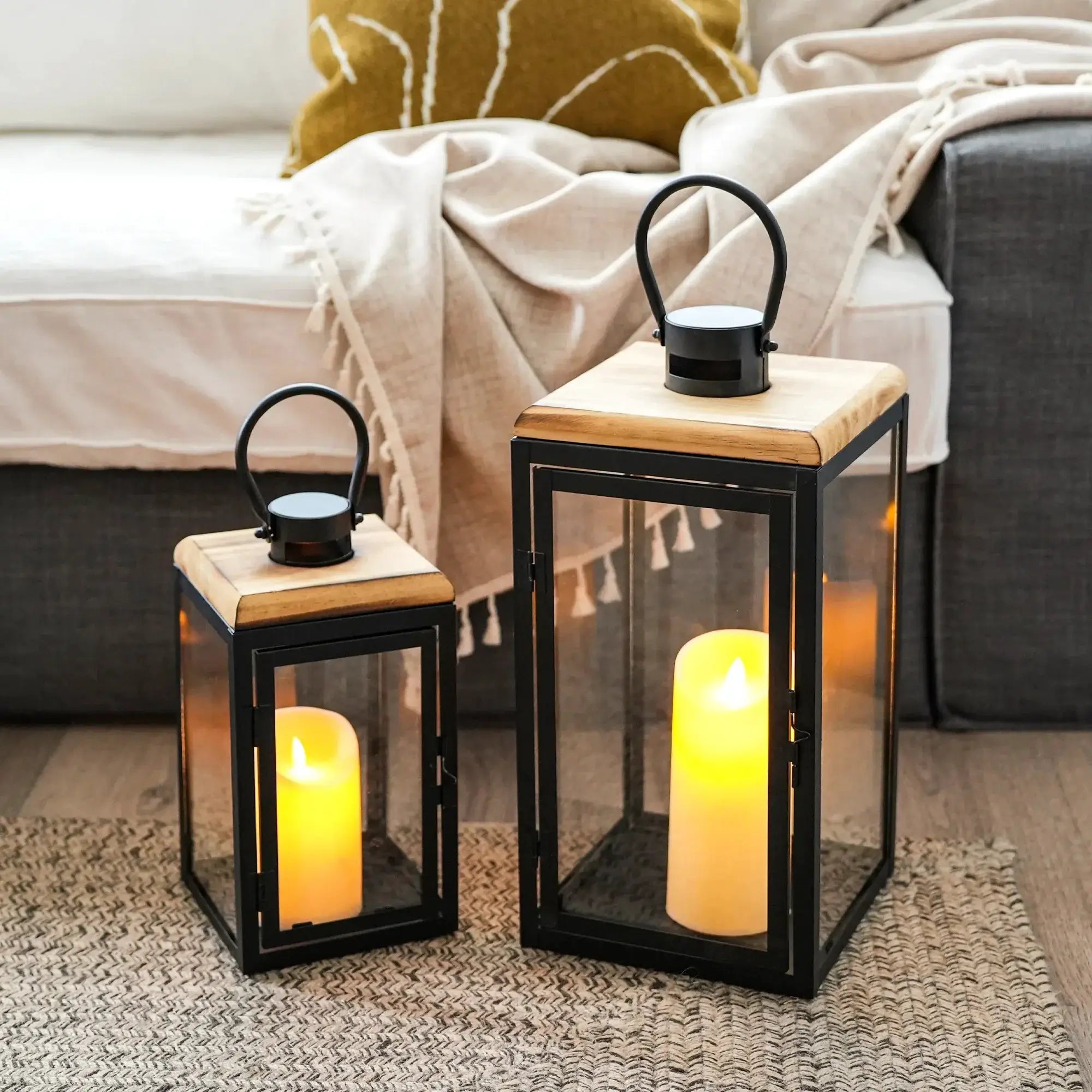 Set of 2 JHY DESIGN decorative candle lanterns, 16in & 11in, black metal frames with wood tops