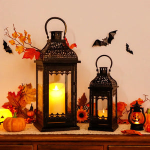 Set of 2 decorative candle lanterns, black with gold brush finish, 13 and 19.5 in tall