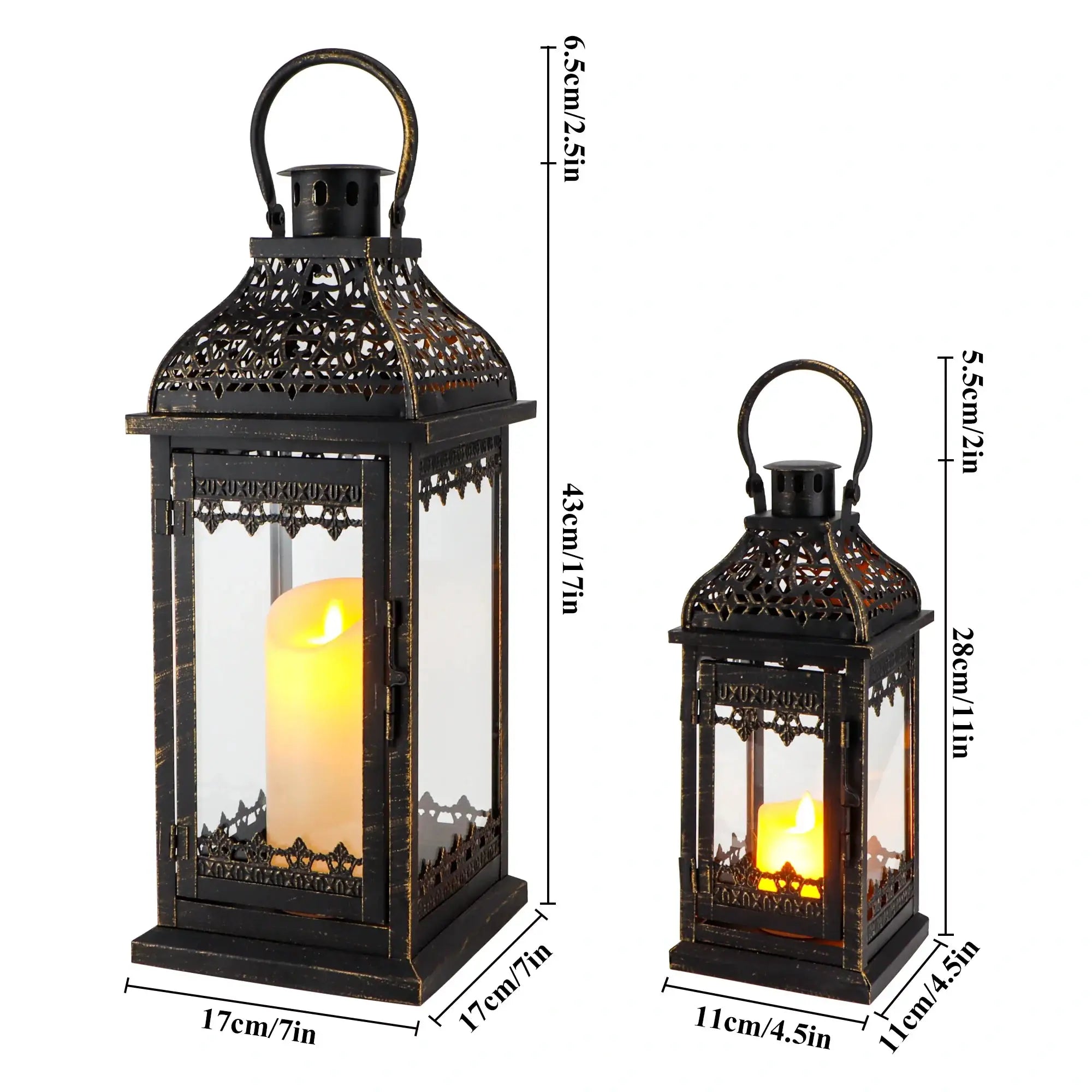 Set of 2 decorative candle lanterns, black gold brush finish, 13 and 19.5 inches tall.