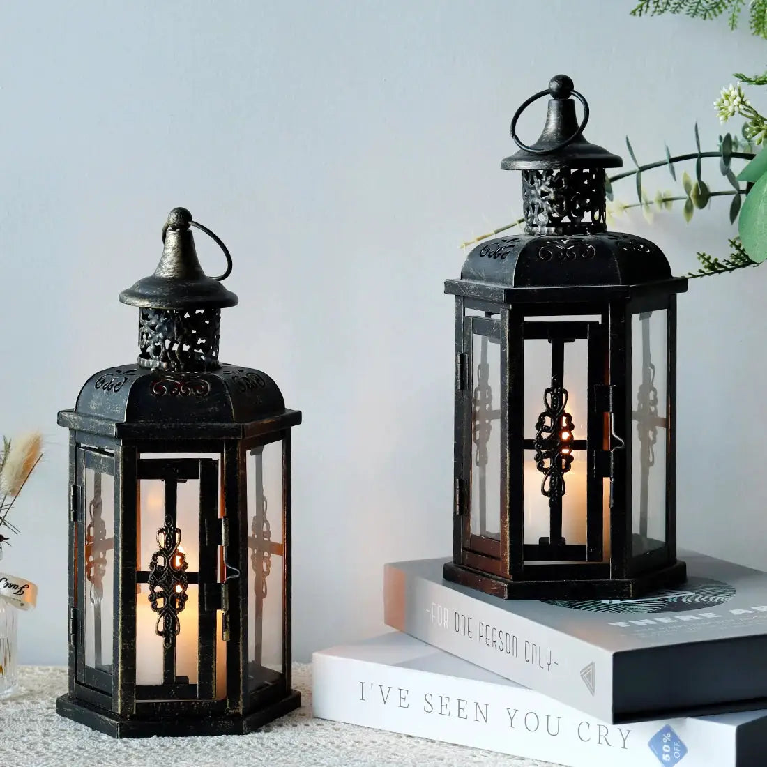 Decorative candle lanterns (2) - 12-inch tall, black metal with antique gold brush, glass panels