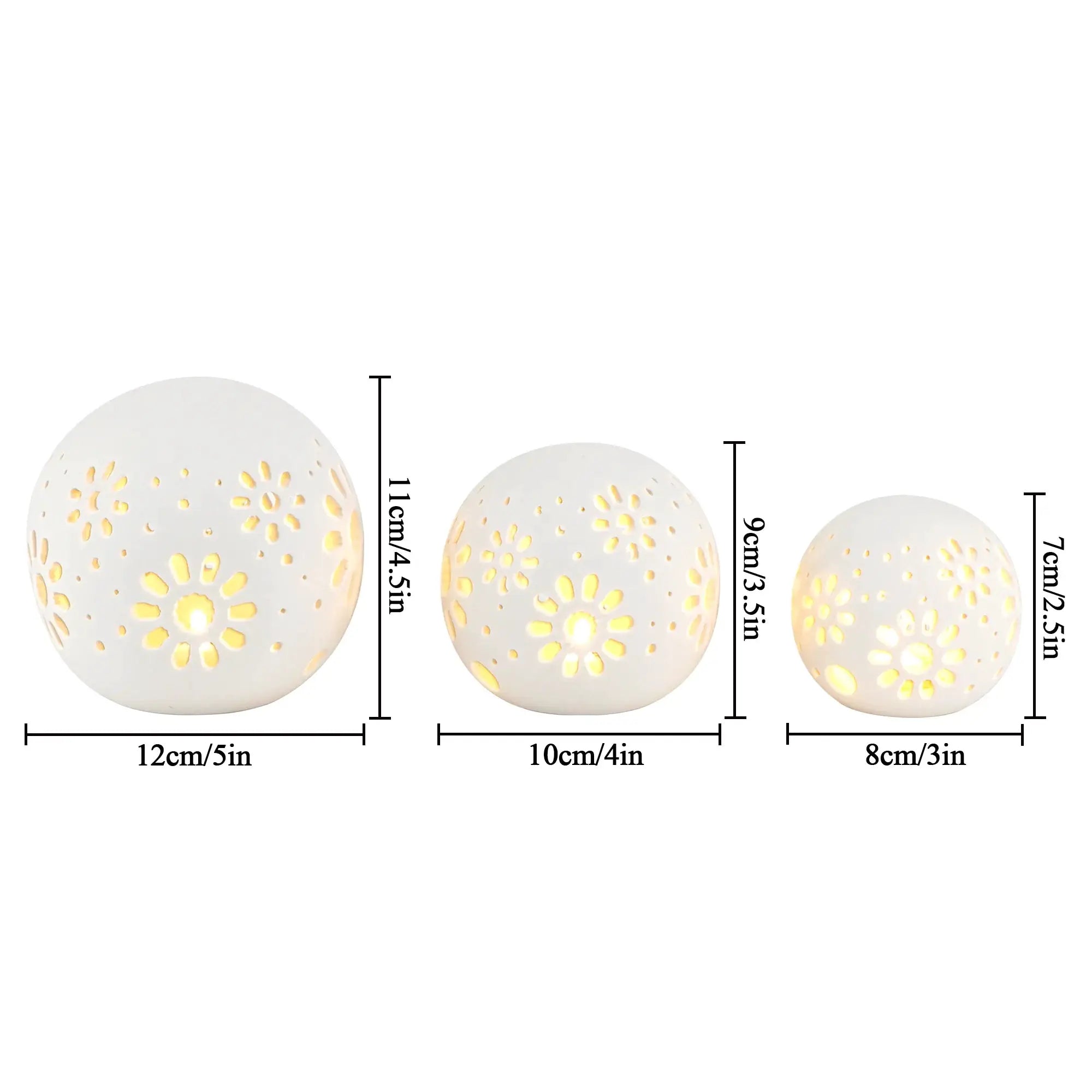 Set of 3 white ceramic decorative lamps by JHY DESIGN, battery-operated with carved floral perforations.