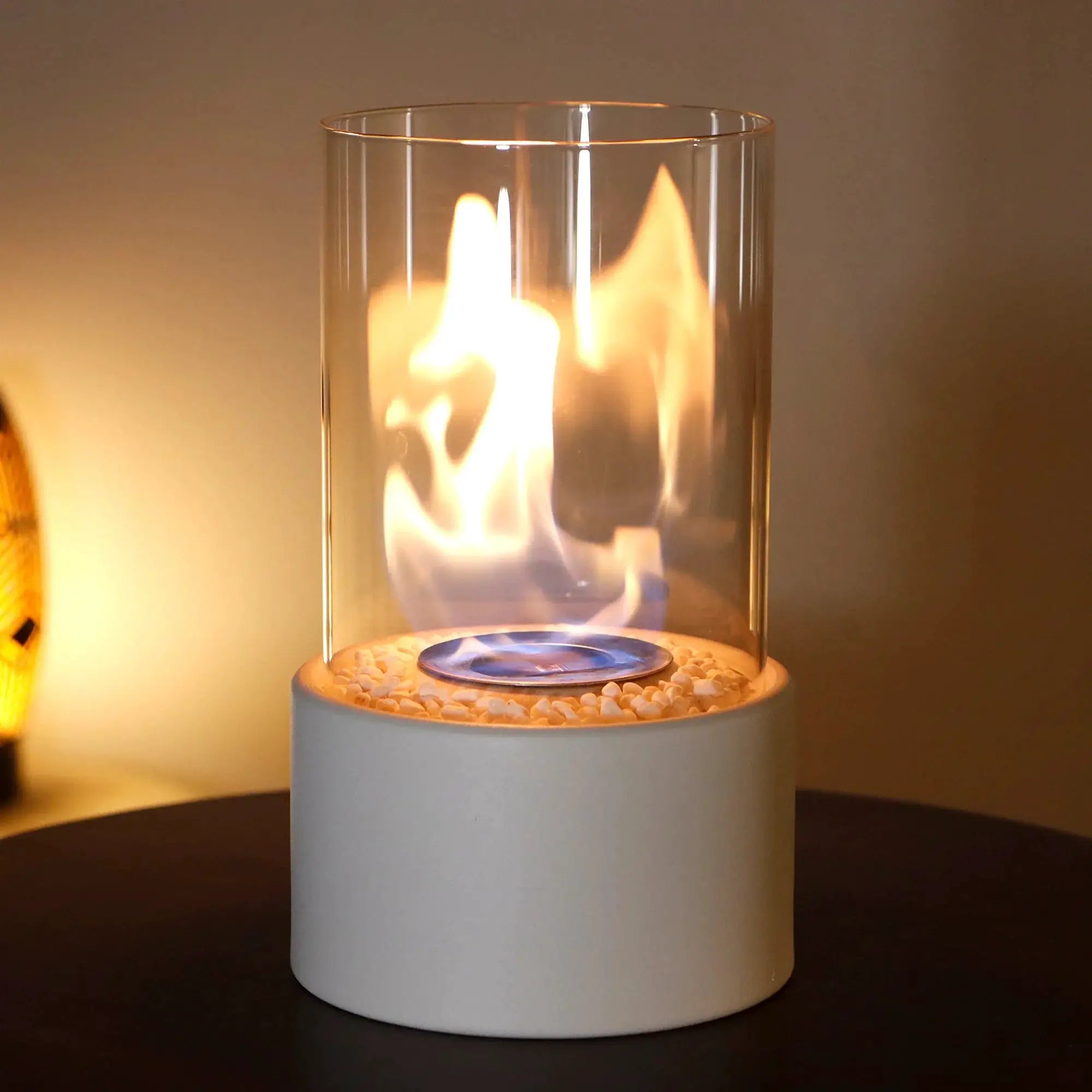 Tabletop Fire Bowl Pot Fireplace by JHY DESIGN, 10.5in height with glass cylinder and pebble base