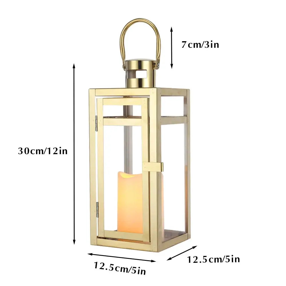 12-inch high gold metal decorative candle lantern with glass panels
