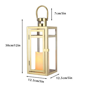 12-inch high gold metal decorative candle lantern with glass panels