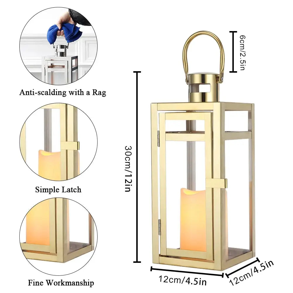 12'' High gold metal decorative candle lantern with glass panels, hanging handle, lit candle inside