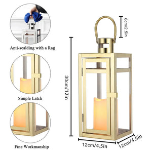 12'' High gold metal decorative candle lantern with glass panels, hanging handle, lit candle inside