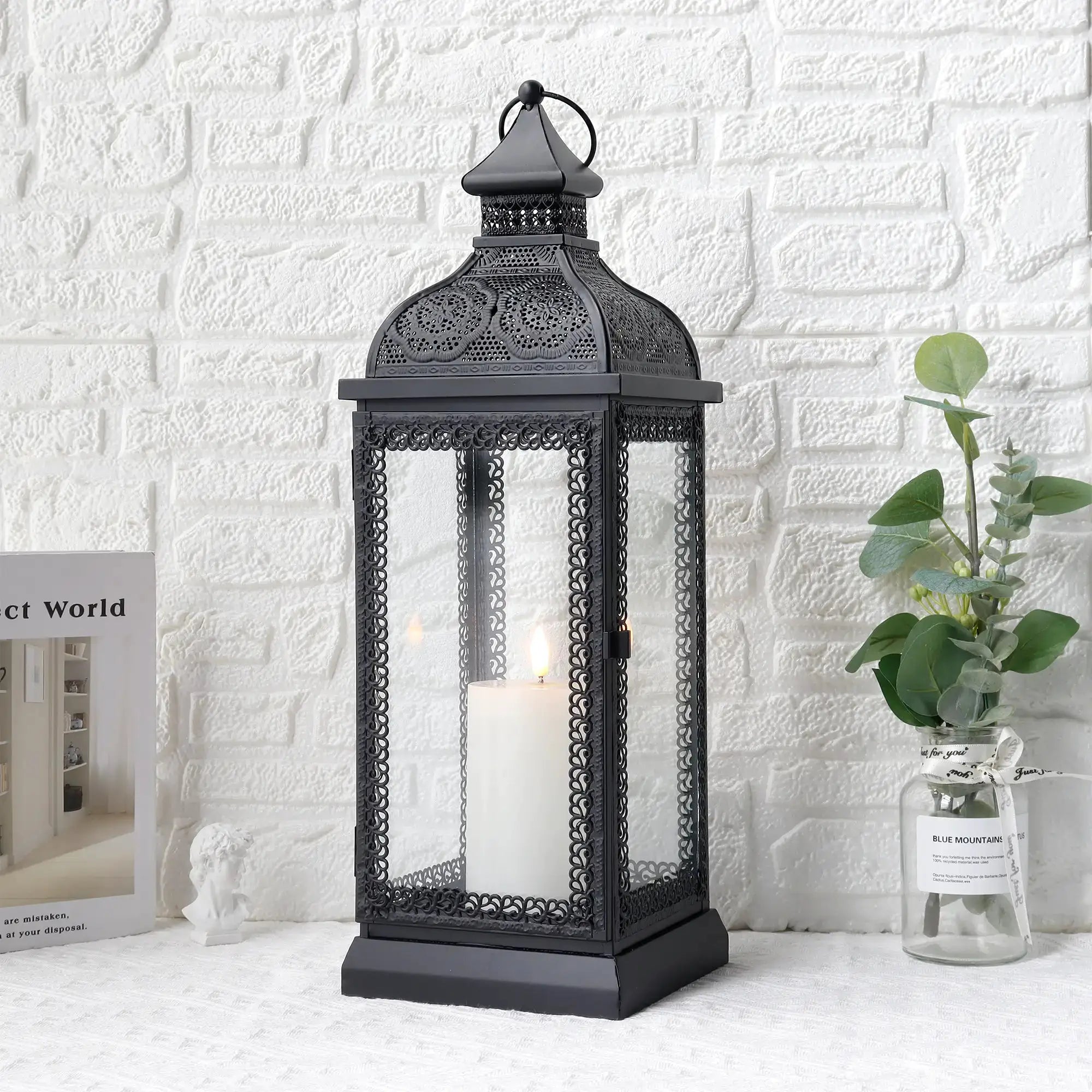 19-inch black rustic metal candle lantern with ornate lattice panels