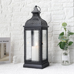 19-inch black rustic metal candle lantern with ornate lattice panels