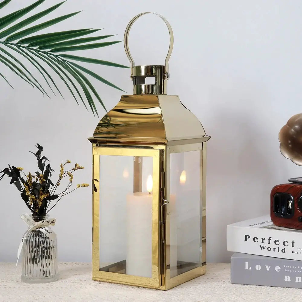 Gold 12.5in JHY DESIGN decorative candle lantern with glass panels, stainless steel frame and handle