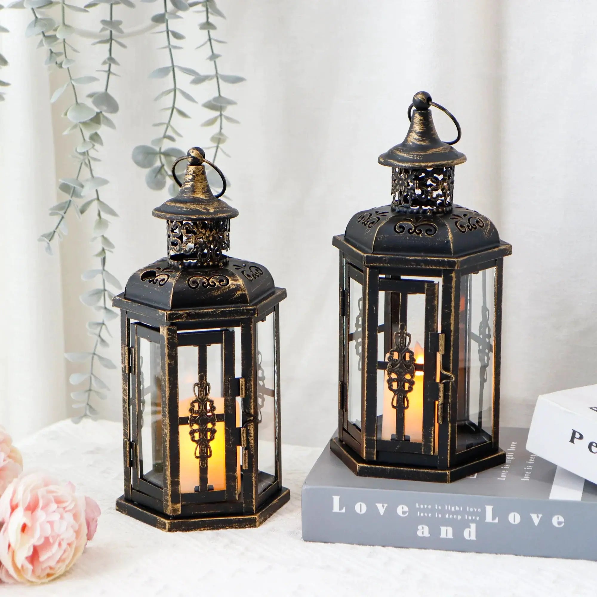 JHY DESIGN 10-inch vintage-style hanging lanterns set of 2, black distressed metal with glass panels