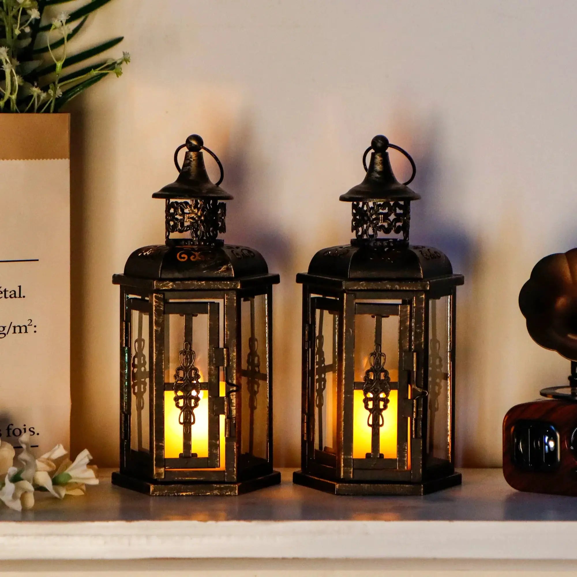 10 inch vintage style hanging lanterns set of 2, black metal decorative candle lanterns by JHY DESIGN