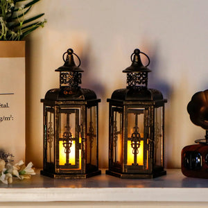 10 inch vintage style hanging lanterns set of 2, black metal decorative candle lanterns by JHY DESIGN
