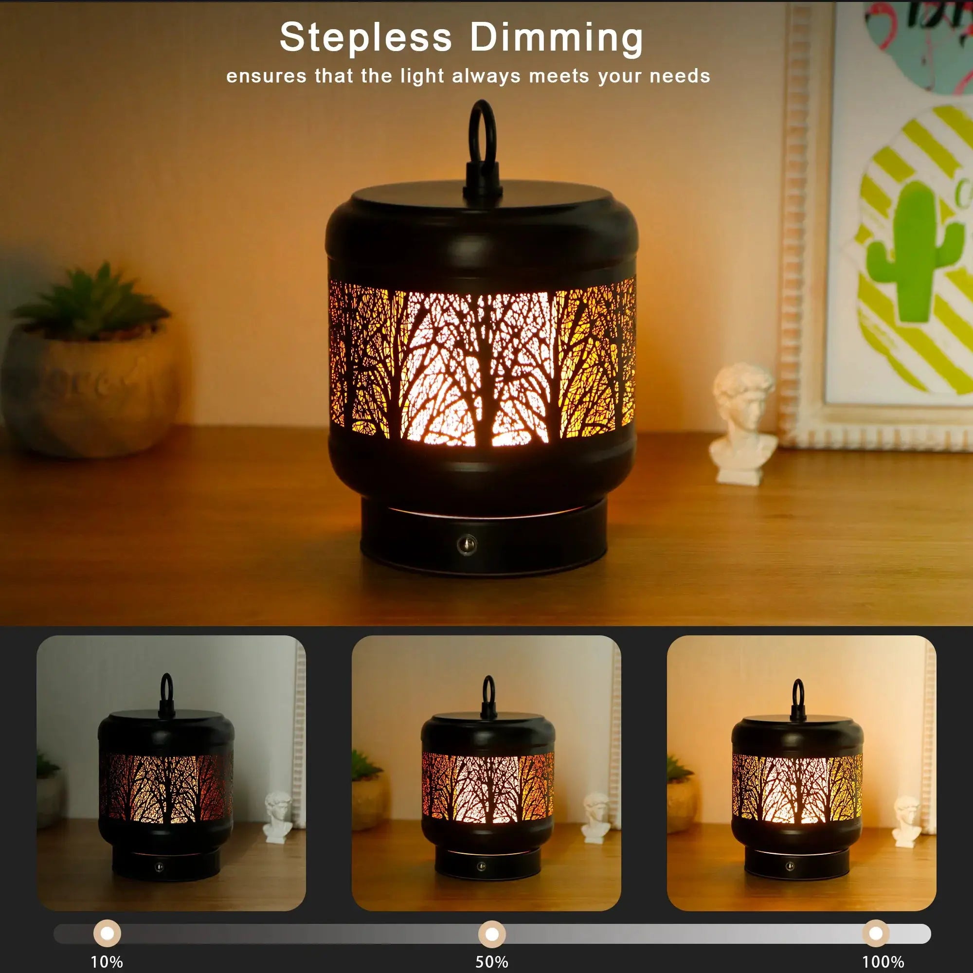 Desk lamp by JHY DESIGN; black 4000mAh rechargeable battery-powered lamp with tree-pattern shade, emits warm light.
