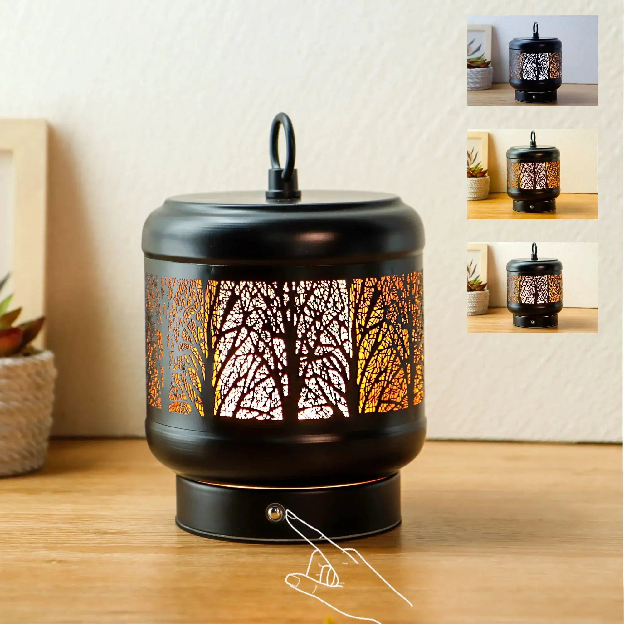Desk lamp by JHY DESIGN, 4000mAh rechargeable, black metal with tree-cutout pattern, warm glow