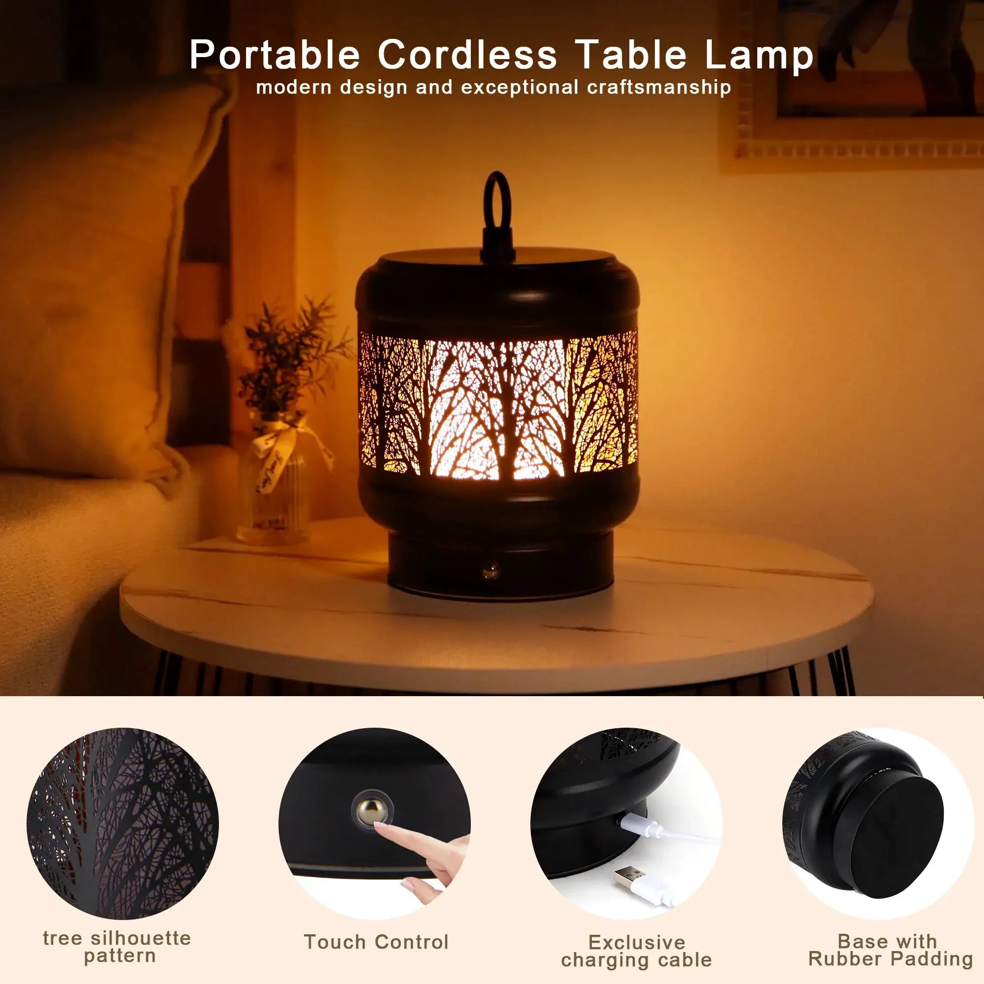 Desk lamp by JHY DESIGN; 4000mAh rechargeable battery, tree silhouette pattern, warm ambient glow.