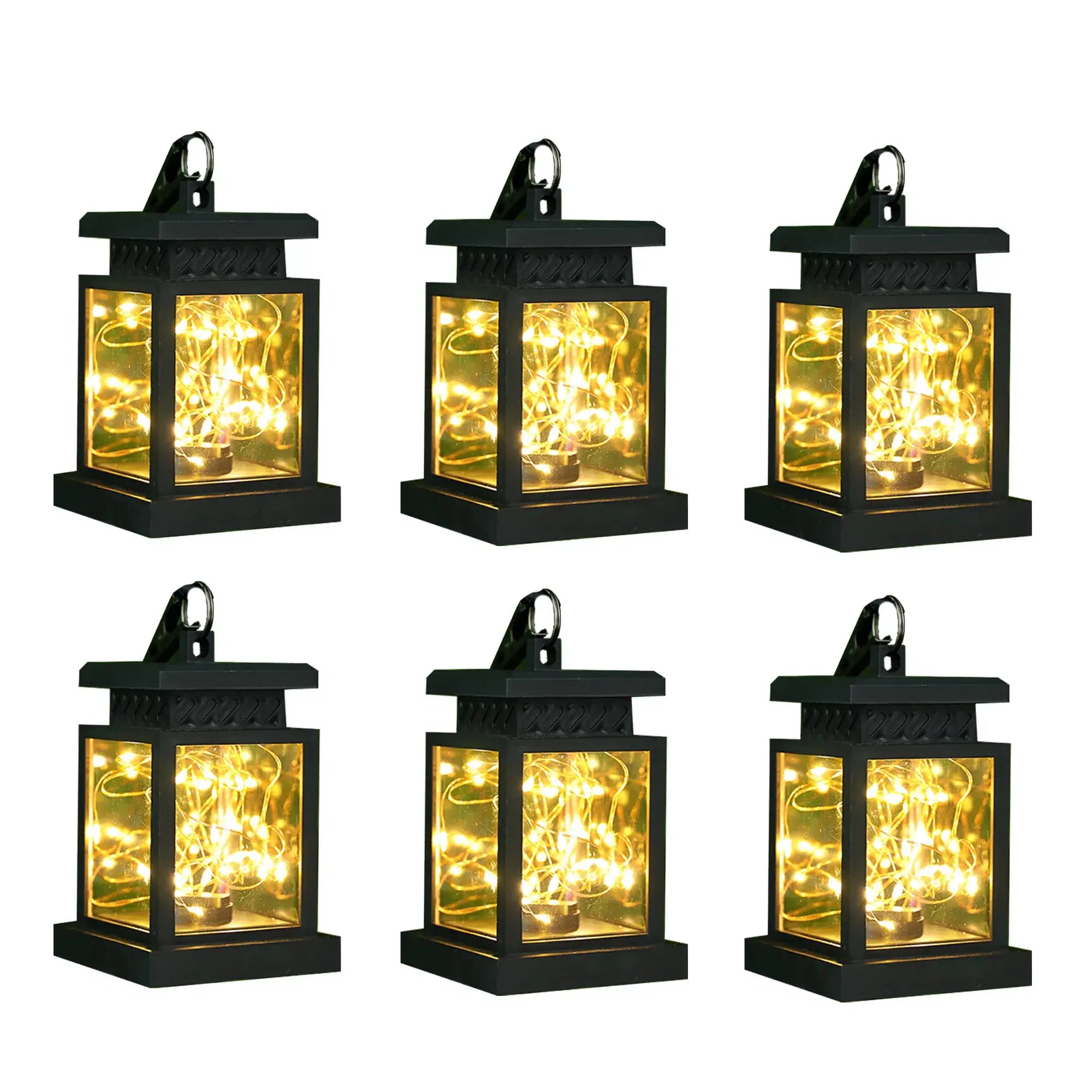 Set of 2 solar lantern lights; black metal frames with warm LED string lights