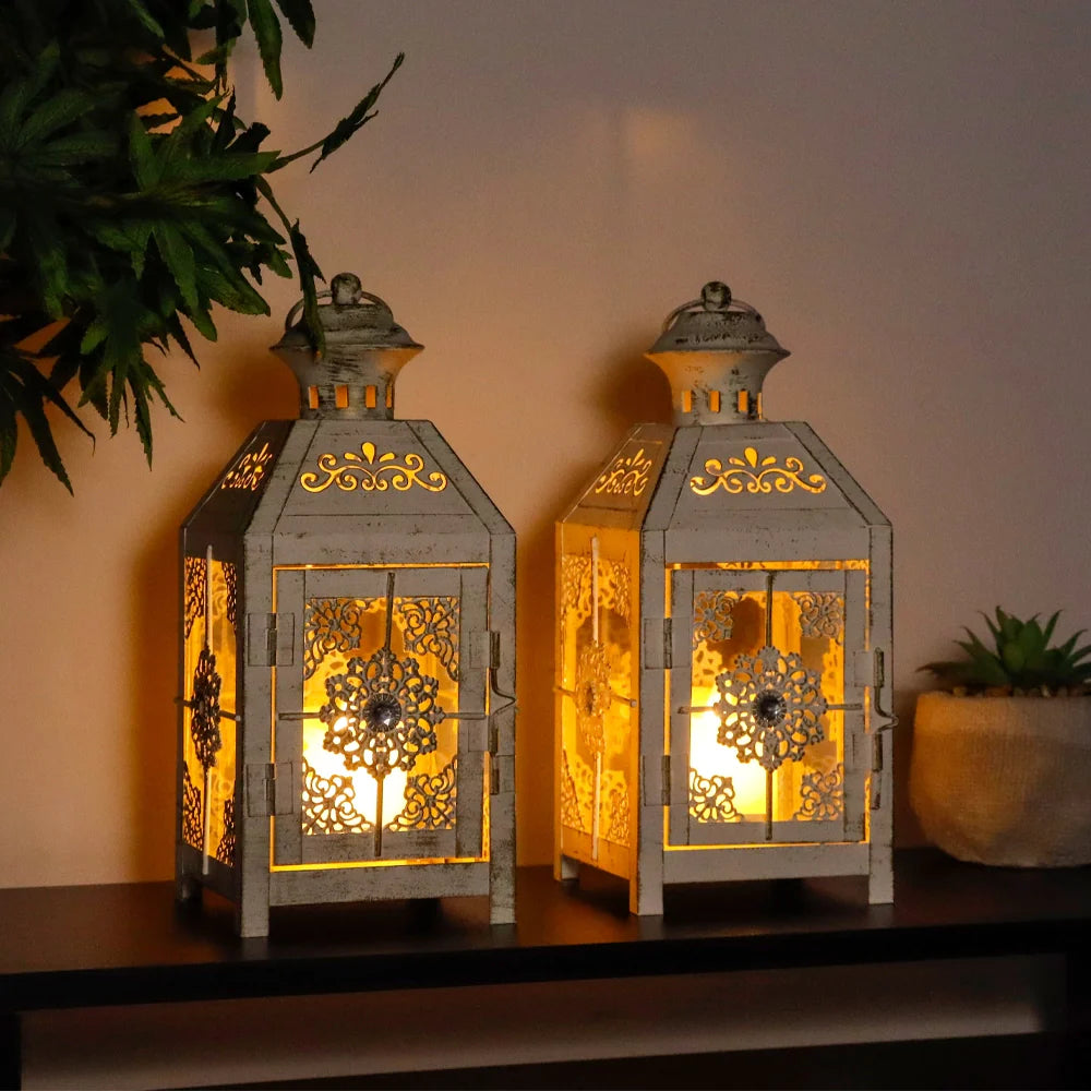 Set of 2 Decorative Lanterns 9.5" High Metal Candle Lanterns