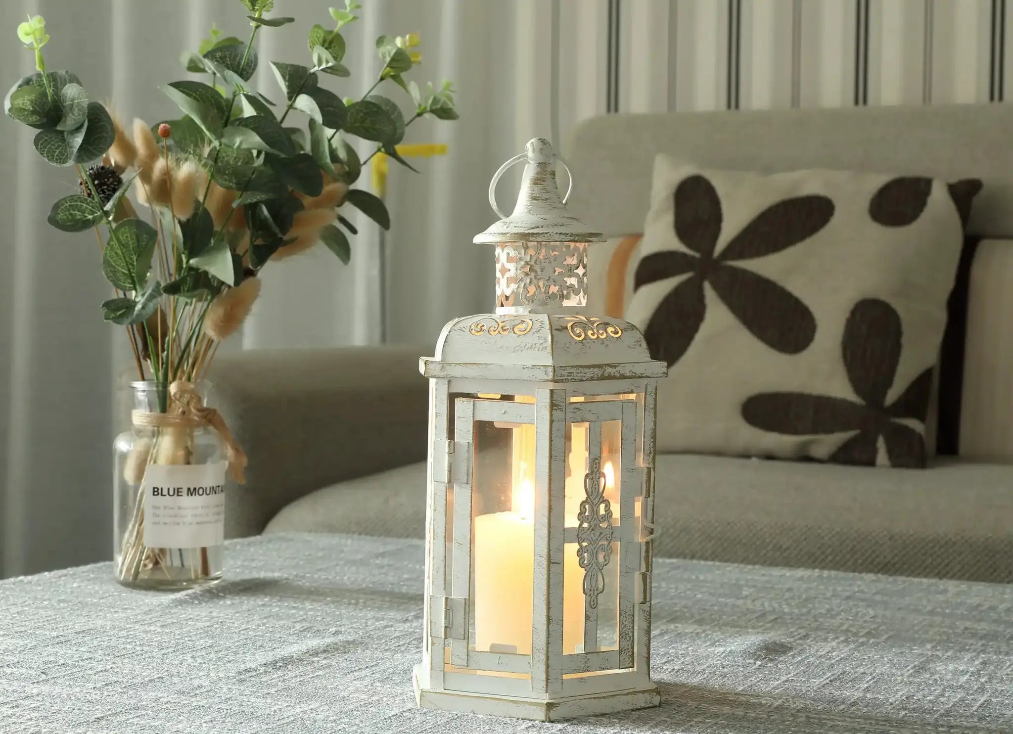 10 inch vintage-style hanging lantern metal candleholder by JHY DESIGN, distressed white finish with decorative cutouts