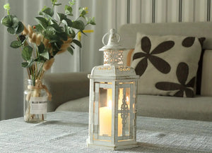 10 inch vintage-style hanging lantern metal candleholder by JHY DESIGN, distressed white finish with decorative cutouts
