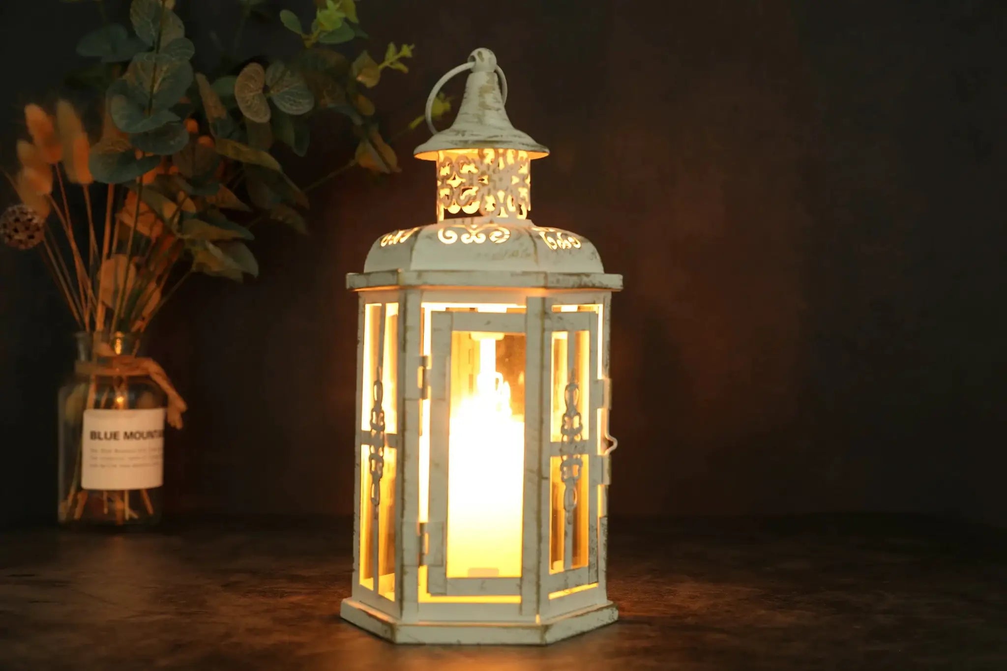 10-inch vintage-style hanging lantern metal candleholder with distressed white finish from JHY DESIGN