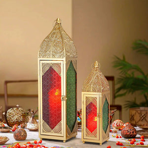 Set of 2 Moroccan candle lanterns in gold metal with red and green glass panels