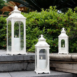 Set of 3 cream white decorative candle lanterns with vintage design and glass panels