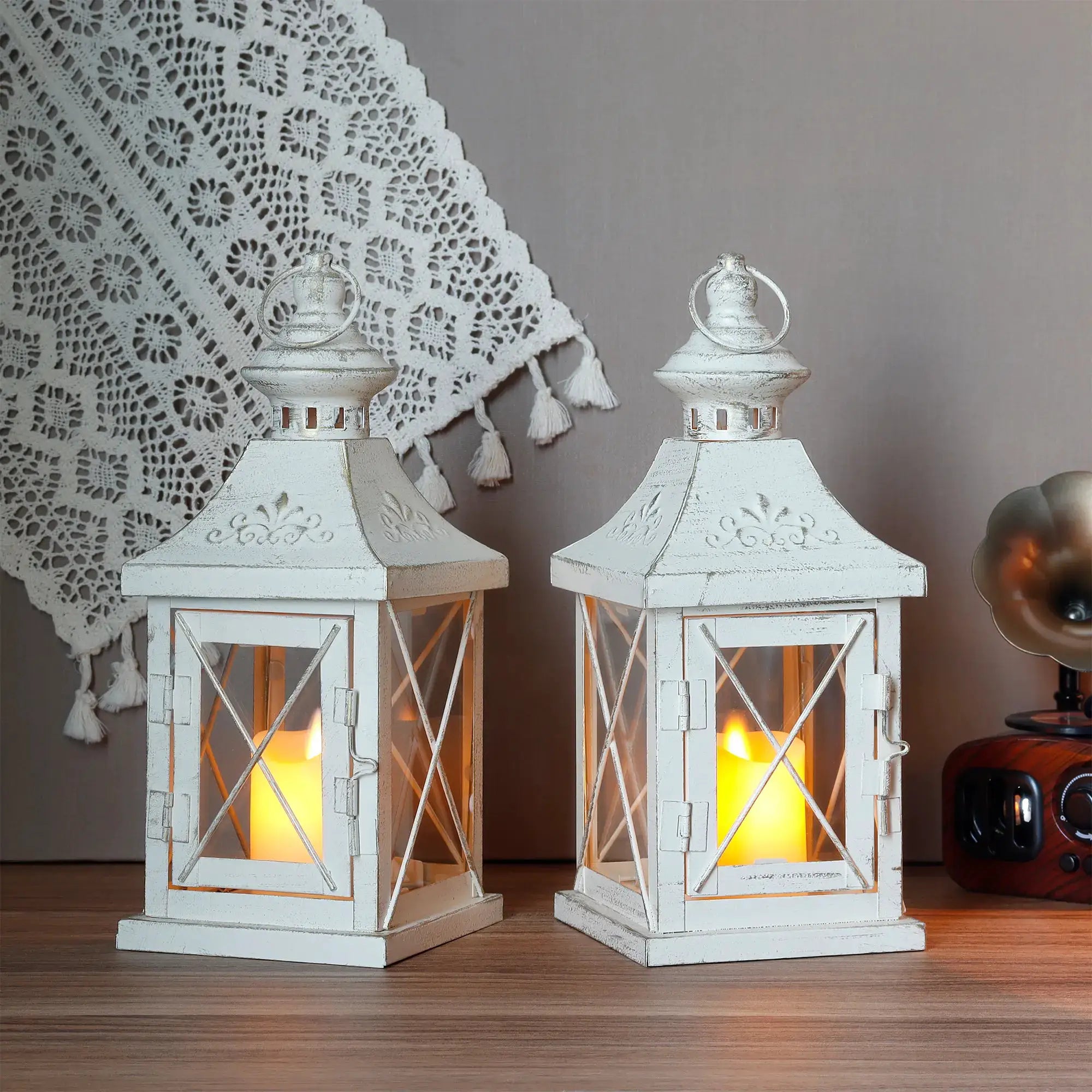 Set of 2 11'' high white distressed metal and glass candle lanterns by JHY DESIGN