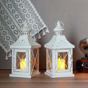 Set of 2 11'' high white distressed metal and glass candle lanterns by JHY DESIGN