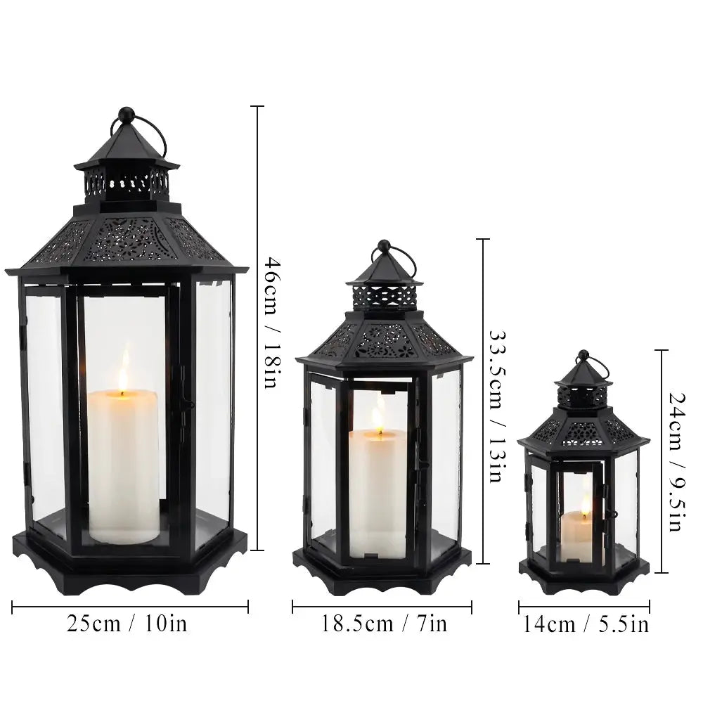 Set of 3 black hexagonal decorative hanging candle lanterns with glass panels