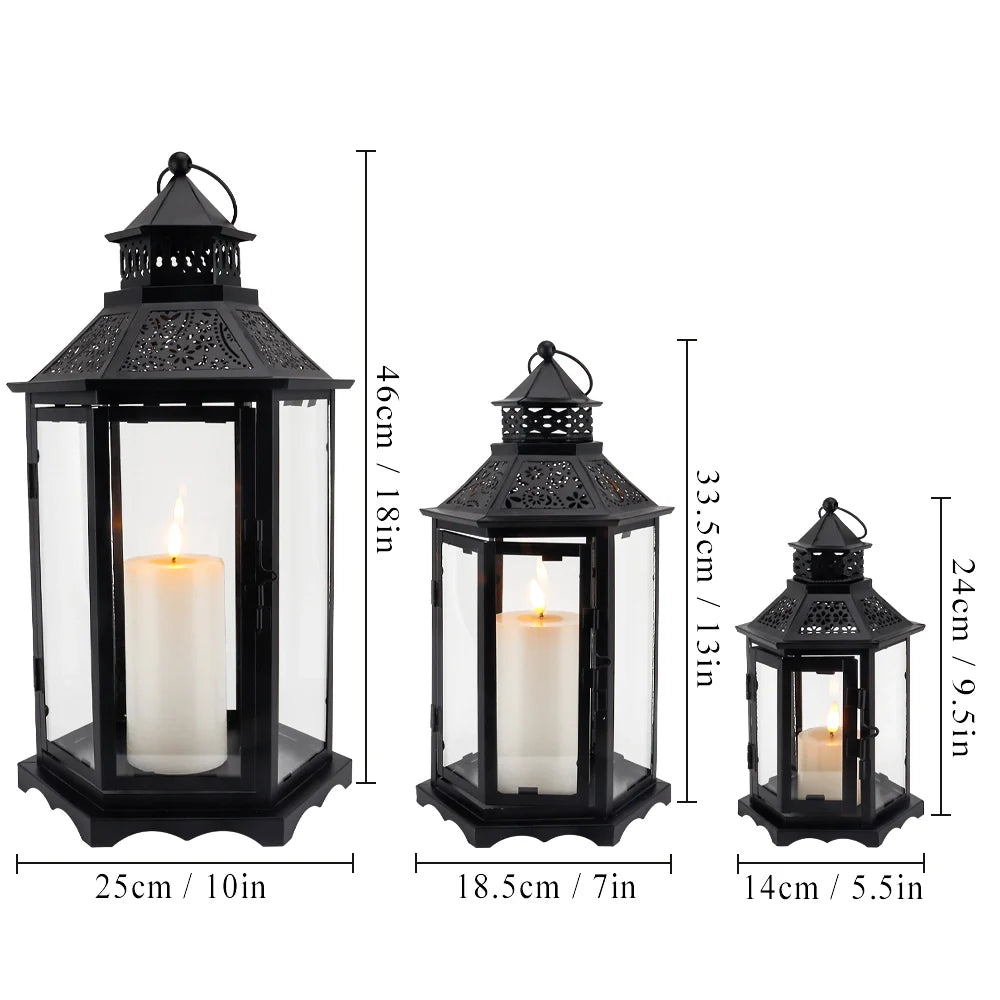 Set of 3 18''&13"&10"High Black Hexagonal Decorative Hanging Lantern