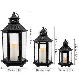 Set of 3 black hexagonal decorative hanging candle lanterns with glass panels