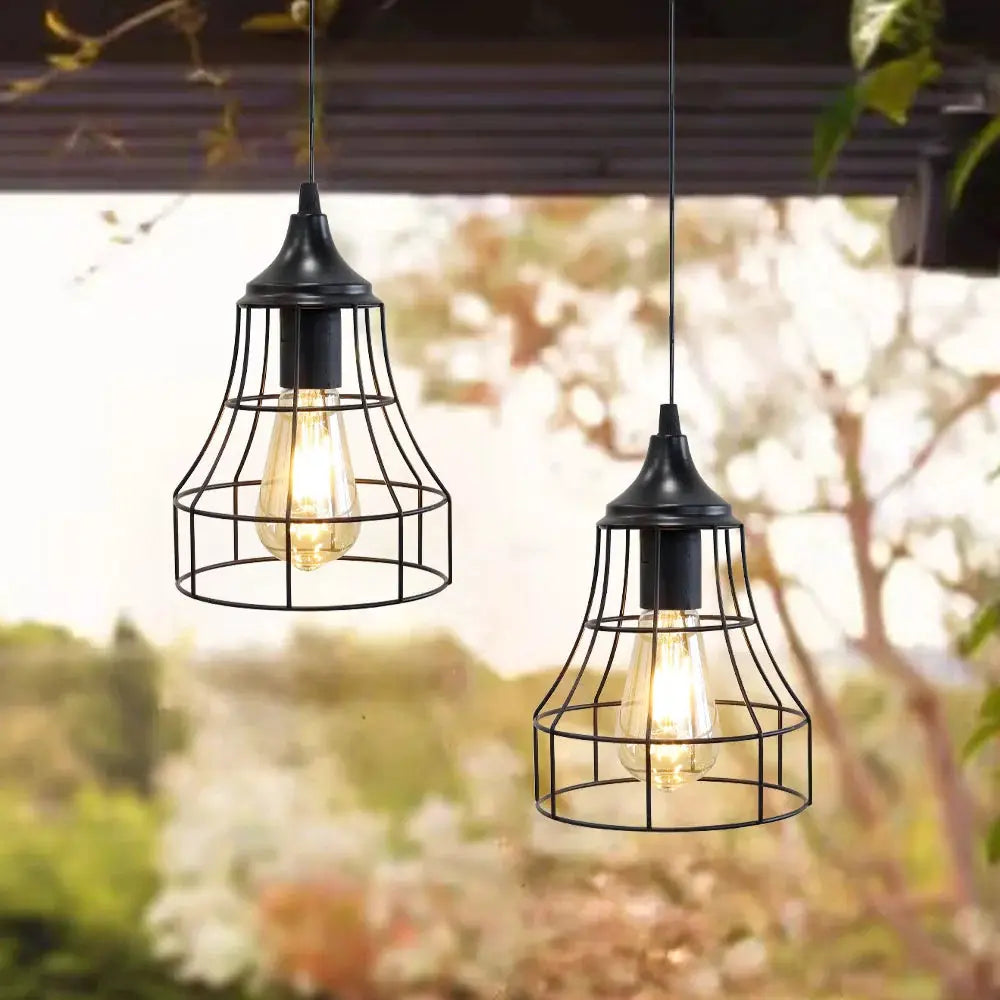 Set of 2 black metal cage hanging lamps by JHY DESIGN, battery-operated pendant lights
