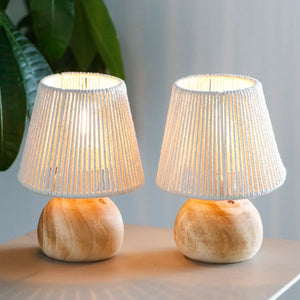Set of 2 woven cotton rope table lamps with beige rope-wrapped shades and wooden bases