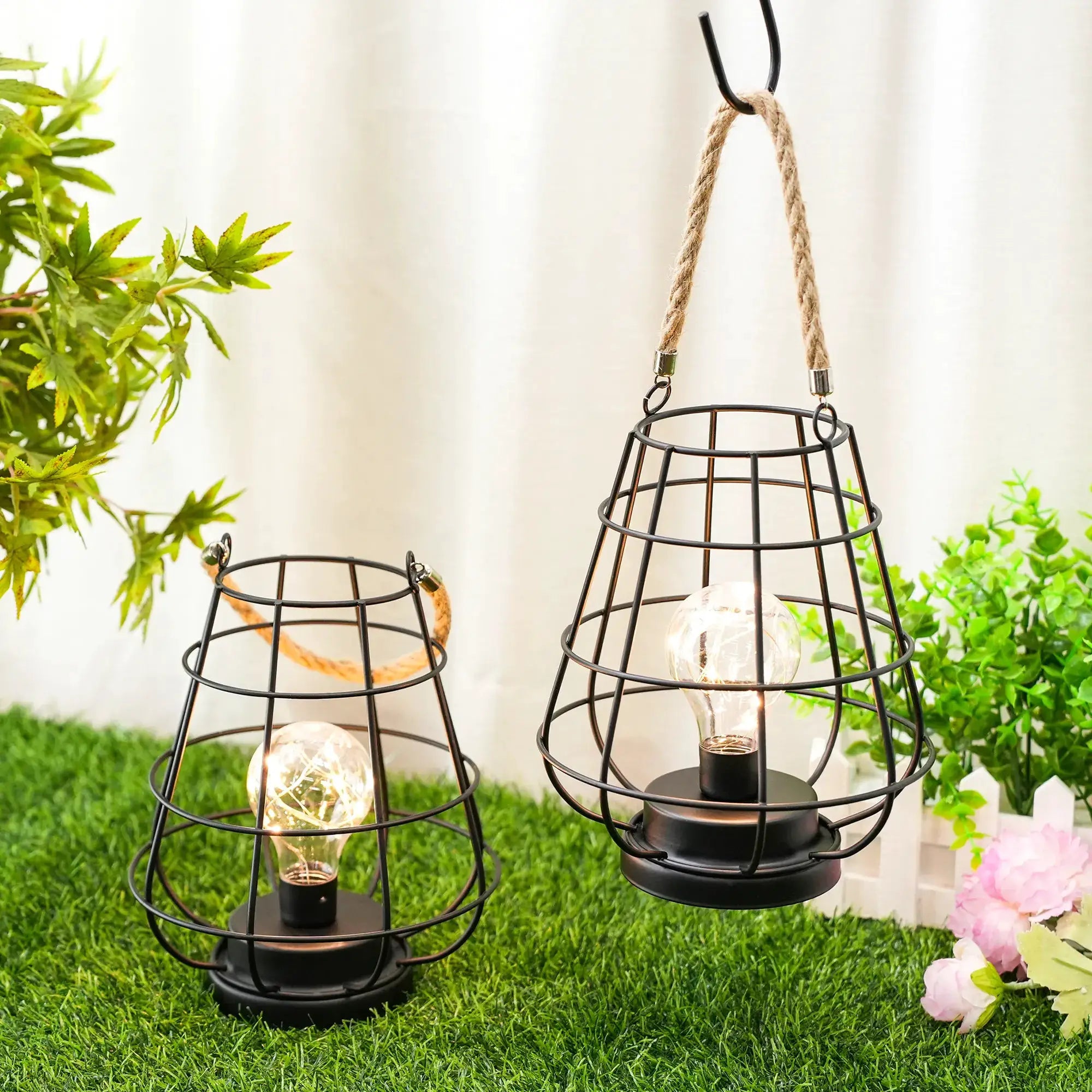 Cage bulb table lamps, set of 2 by JHY DESIGN, black metal lanterns with rope handles, battery operated