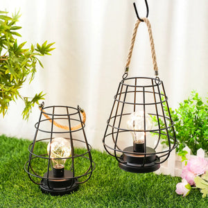 Cage bulb table lamps, set of 2 by JHY DESIGN, black metal lanterns with rope handles, battery operated