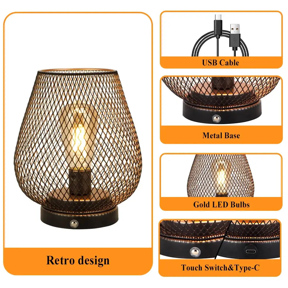 JHY DESIGN 6.7-inch battery-operated table lamp with bronze egg cage, metal base, touch switch