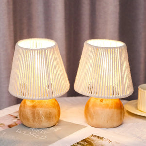 Set of 2 JHY DESIGN woven cotton rope table lamps with natural wood bases.