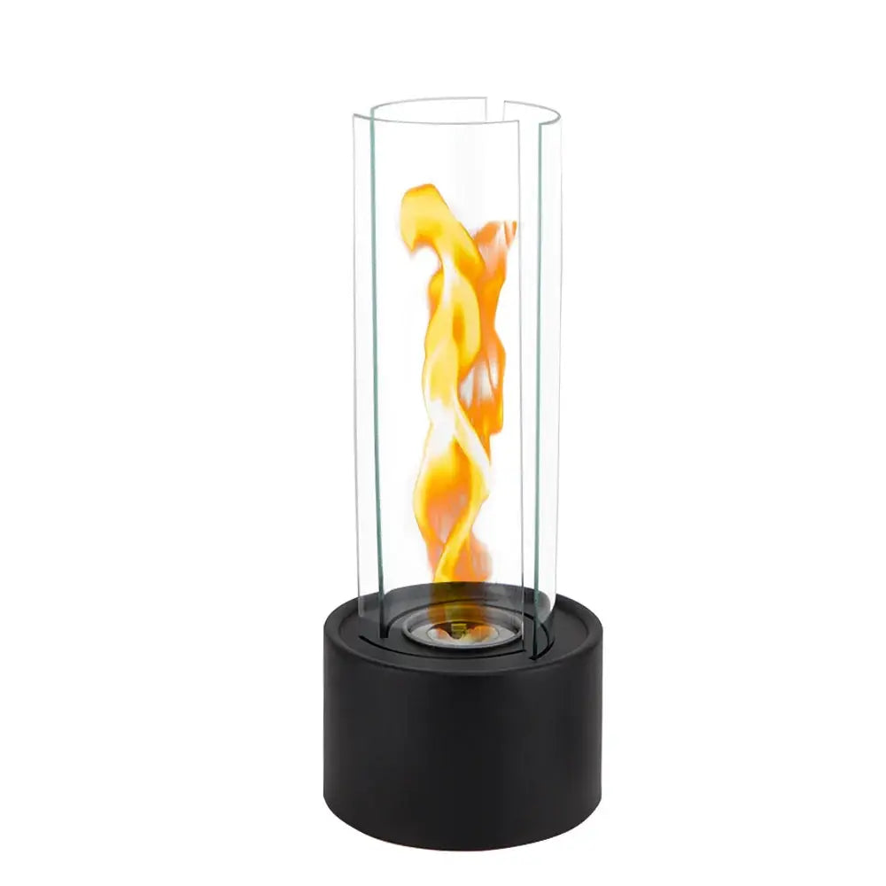 Cylindrical Bioethanol Vented-Free Fireplace by JHY DESIGN with glass cylinder and black base (16x16x39 cm)